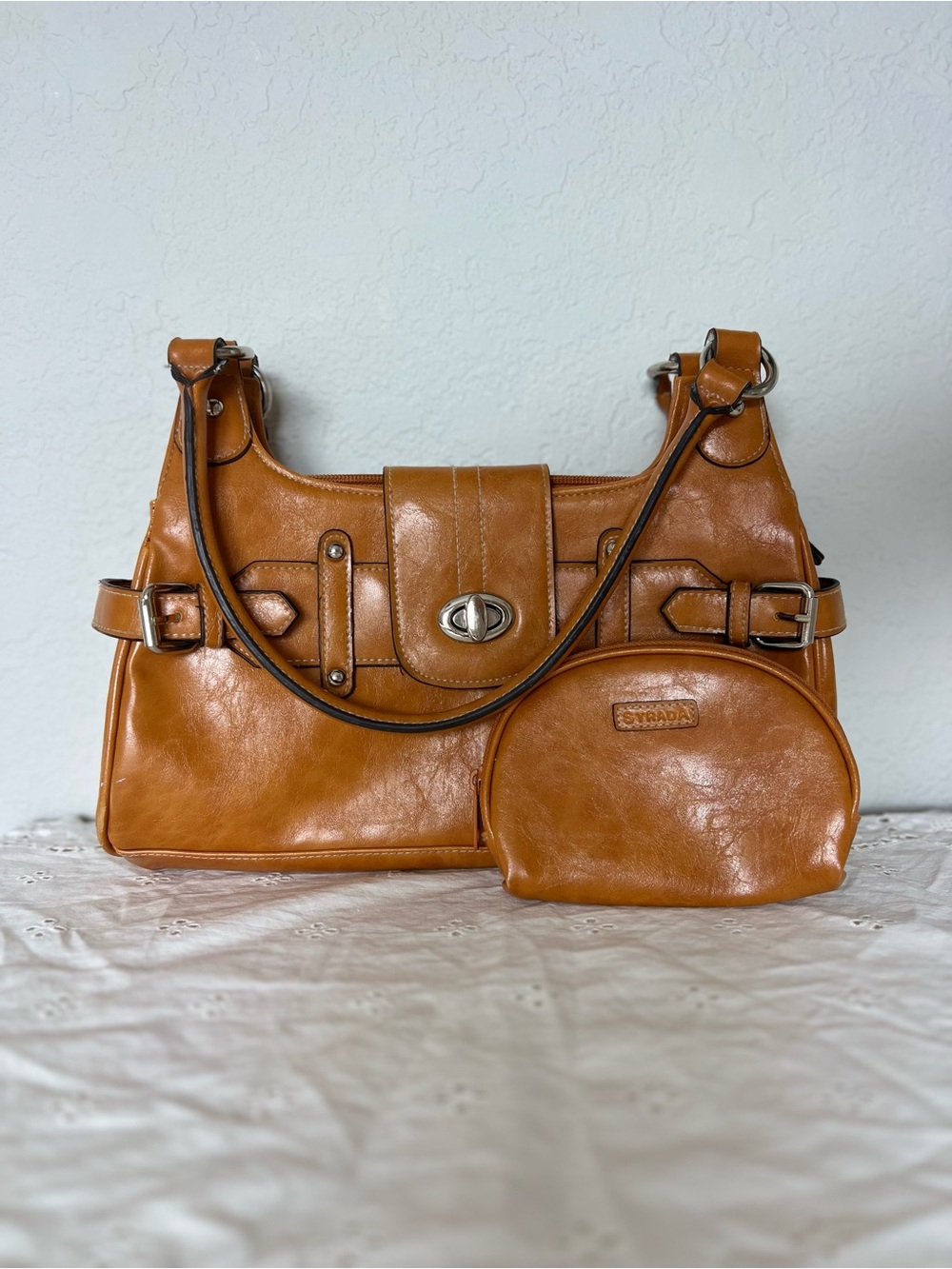 Strada Brown Shoulder Bag Turn Lock Zip Top Silver Hardware Lined w/ Pouch Y2K
